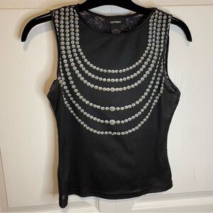 EXPRESS black Pearl necklace print top back laced stretchy sleeveless cropped XS